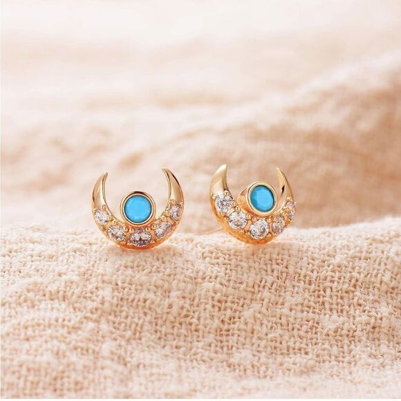 Gold 14k Gold Plated Cubic Zirconia Turquoise Stud Earrings - Picture 3 of 4